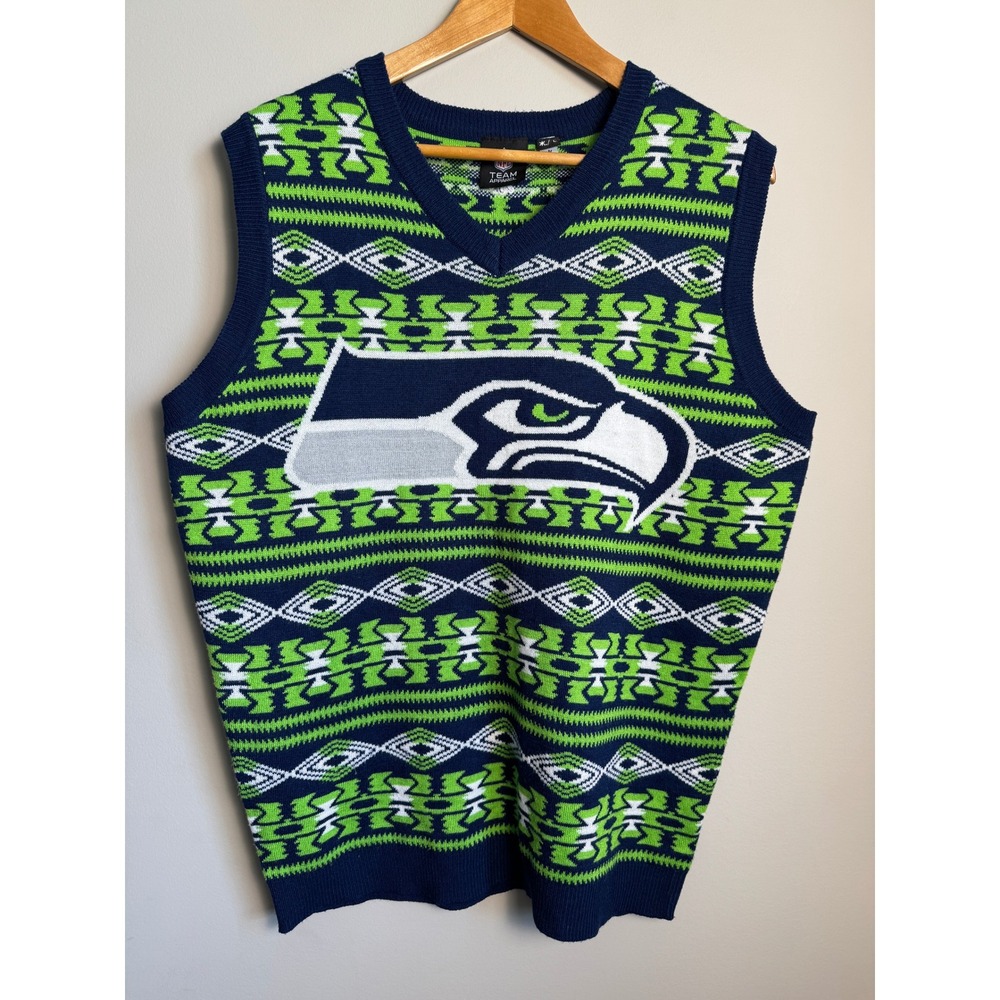 NFL Team Apparel Seattle Seahawks Mens Ugly Sweater Vest Size Large Aztec Sporty
